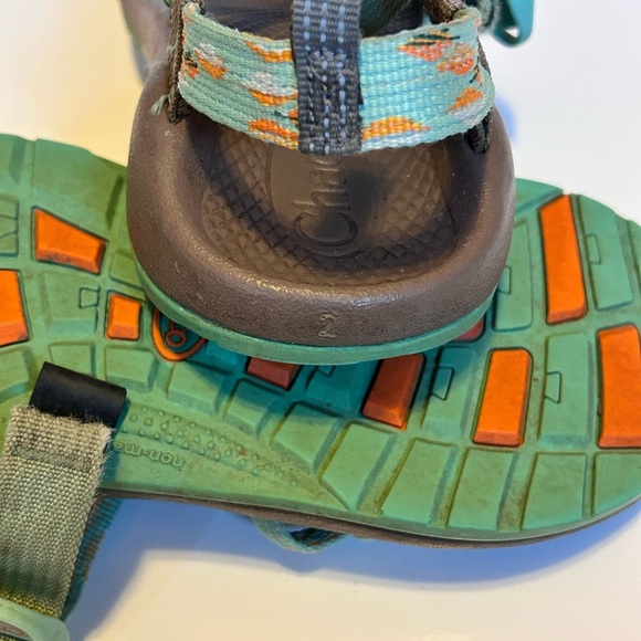 Chaco Sandals with Teal and Coral Straps kids size 2. G - Picture 5 of 6